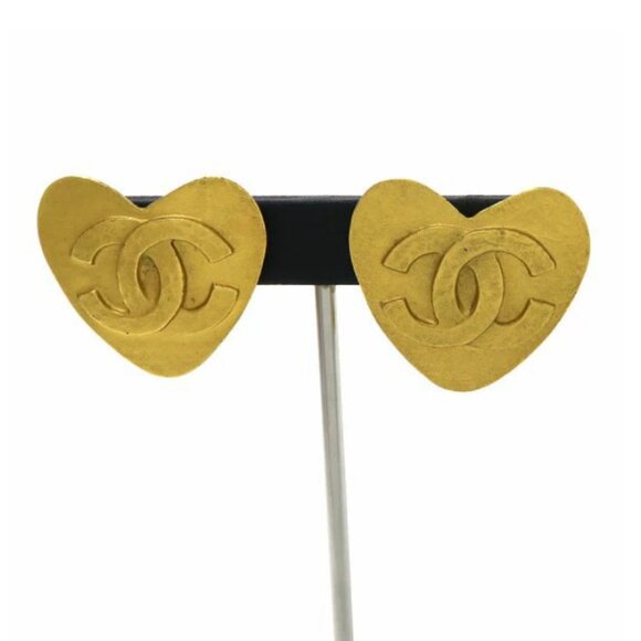 CHANEL CC Logos Heart Clip-On Earrings Gold Tone 95P Auth - Picture 1 of 10
